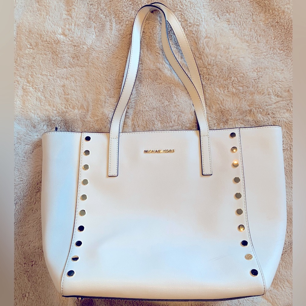 Michael Kors Rivington gold studded medium white tote